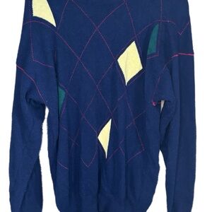 Adult size L Austin Reed Navy Wool Knit Sweater Blue Argyle Lambswool